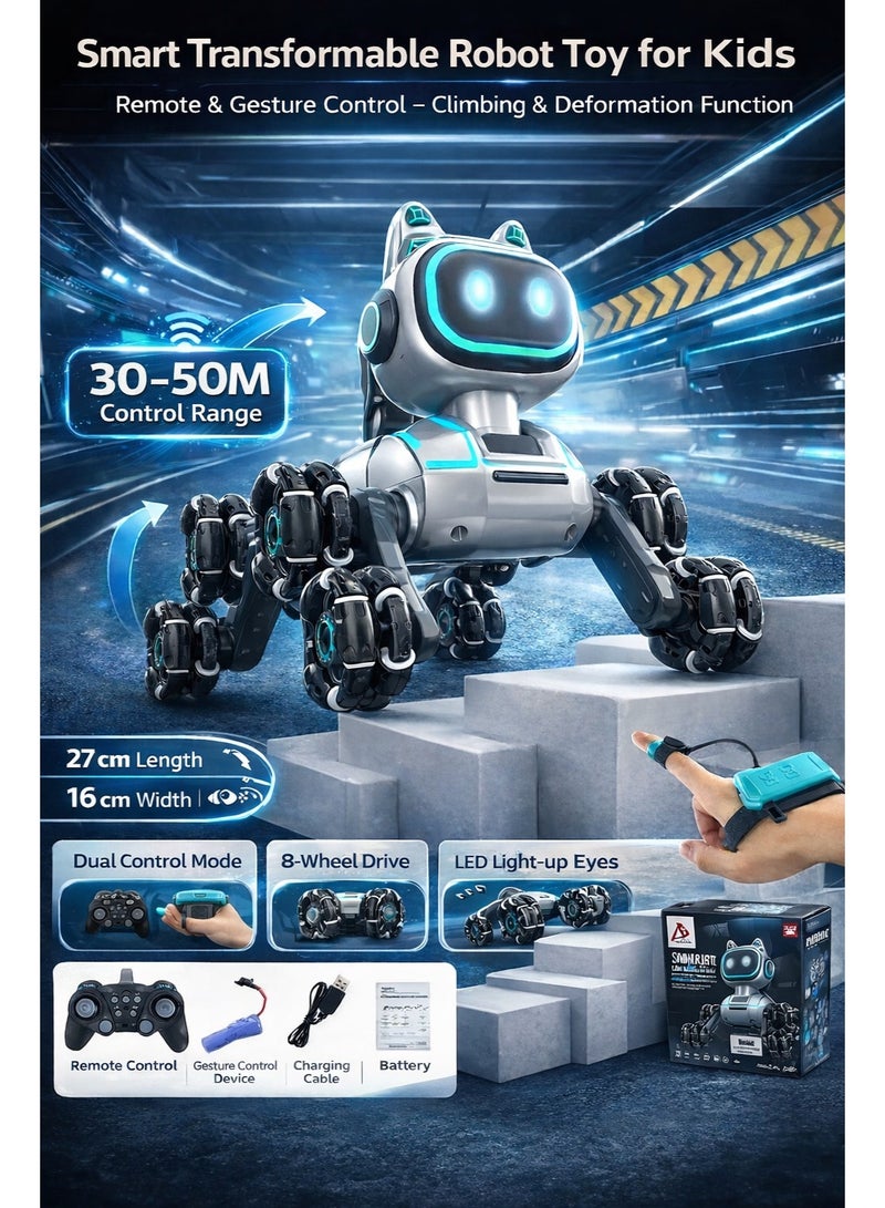 روبوت كلب ذكي للأطفال بتحكم مزدوج – تحكم عن بُعد وتحكم بالإيماءات – 8 عجلات – عيون LED – حركة وتسلق متطور - Image 3